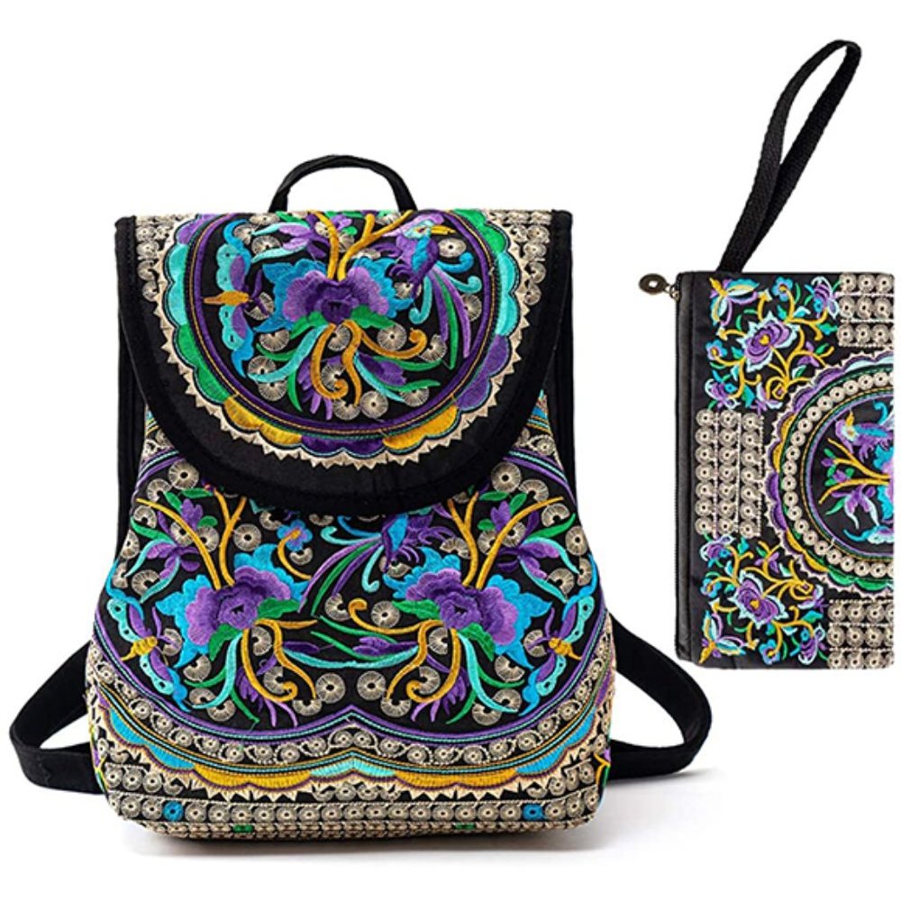 Set Backpack Vintage Canvas Travel Blue Flower